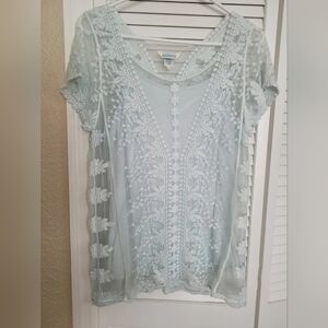 Sundance Sheer Mesh Embroidered Top Tunic with Camisole Light Blue Size M